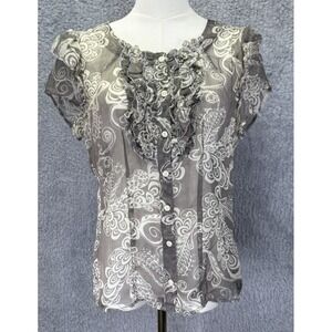 Johnny Was 4 Love & Liberty Womens S Silk Paisley Ruffle Button Front Short Slv